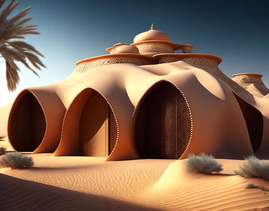 Surreal desert scene with sand-engulfed structures and ornate doors