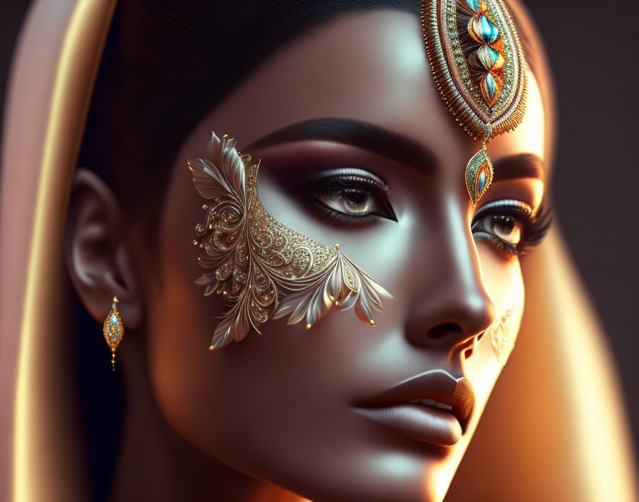 Digital artwork: Woman adorned with ornate golden jewelry on warm backdrop