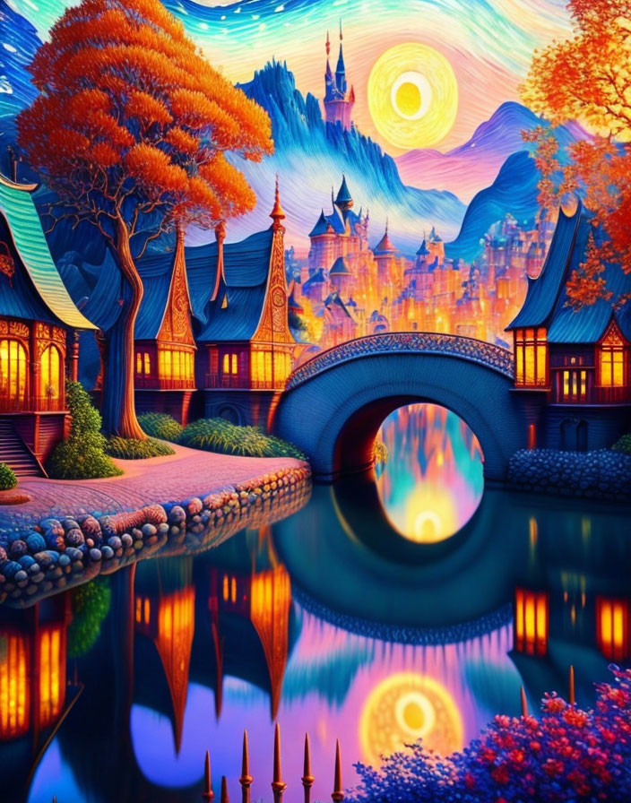 Colorful Fantasy Landscape with Whimsical Architecture and Stone Bridge