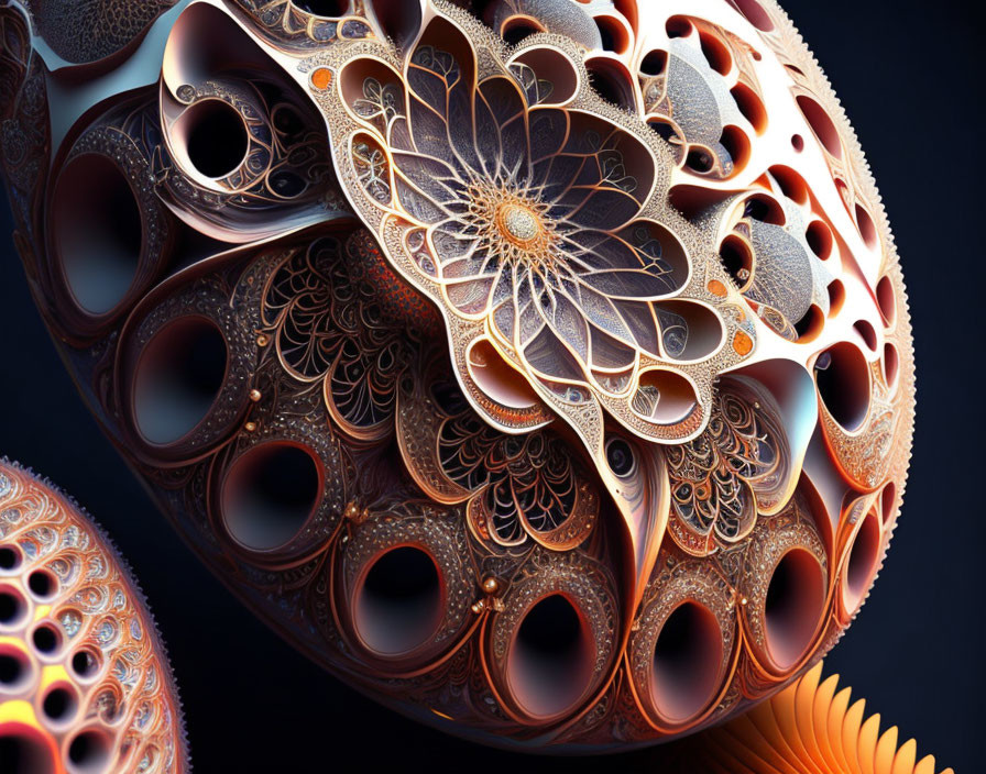 Intricate 3D fractal rendering with warm color palette and ornate patterns