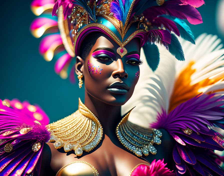 Colorful portrait of woman with carnival headdress & peacock feathers.
