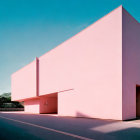 Modern pink building with geometric design under clear blue sky