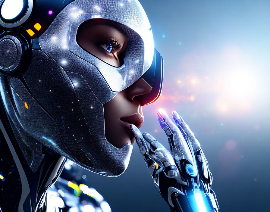 Detailed Female Humanoid Robot with Reflective Visor in Space