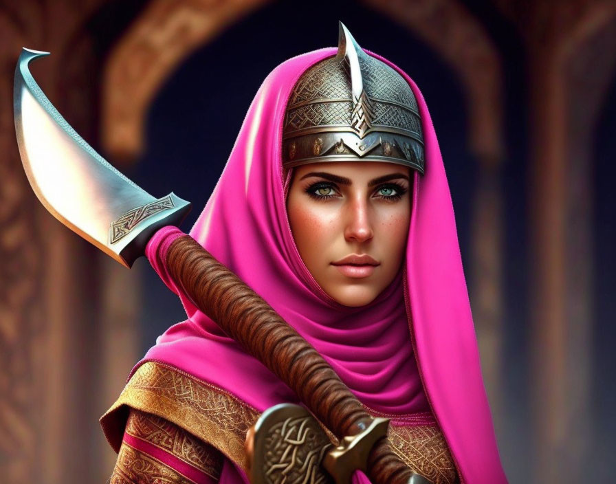 Warrior woman digital artwork with pink hijab and silver helmet