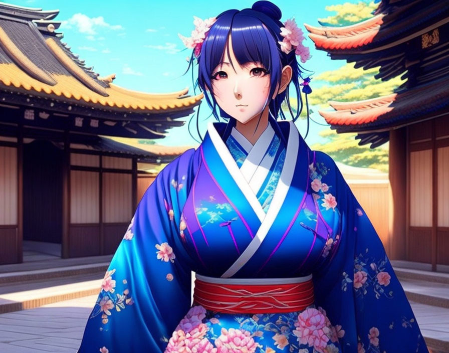 Female character in blue kimono with black hair at Japanese architecture