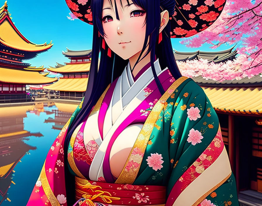 Colorful Kimono: Animated Character with Cherry Blossoms and Traditional Buildings in Water