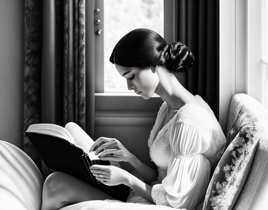Vintage-dressed woman reading book by window with sunlight.
