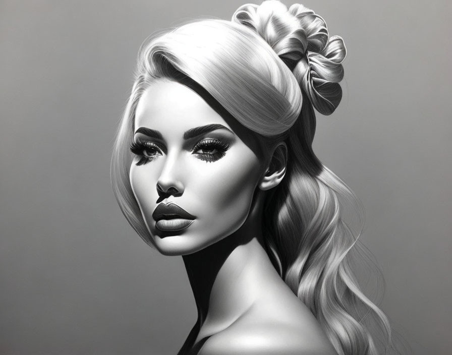 Monochrome portrait of woman with high ponytail and full lips