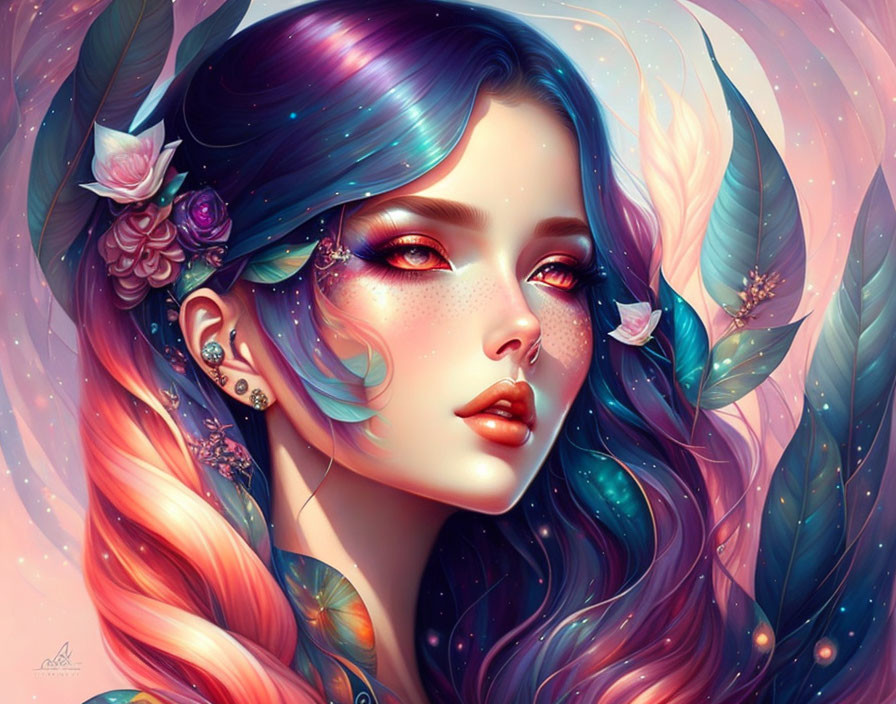 Colorful hair and floral makeup portrait in ethereal style