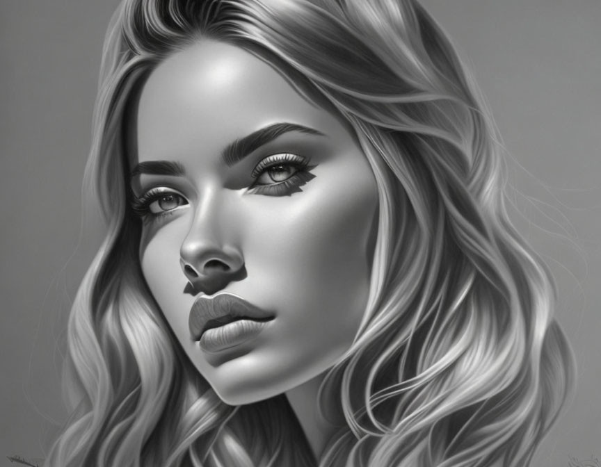 Detailed grayscale digital portrait of a woman with flowing wavy hair and sharp eyes.