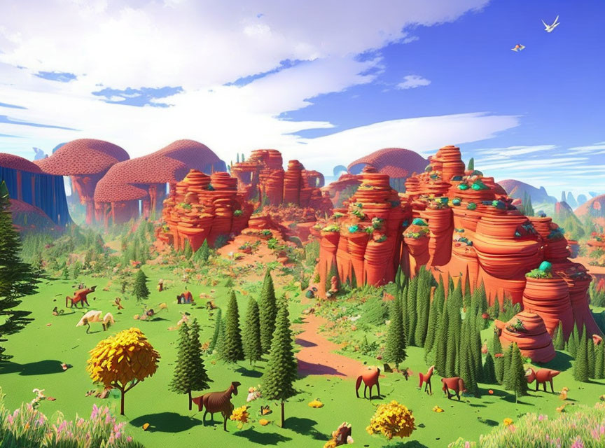 Fantastical landscape with mushroom formations and grazing animals
