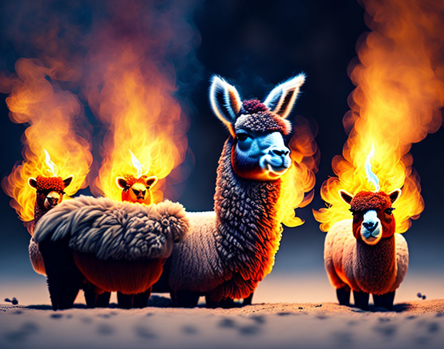 Cartoon llama and sheep with fiery flames on their backs in vibrant background