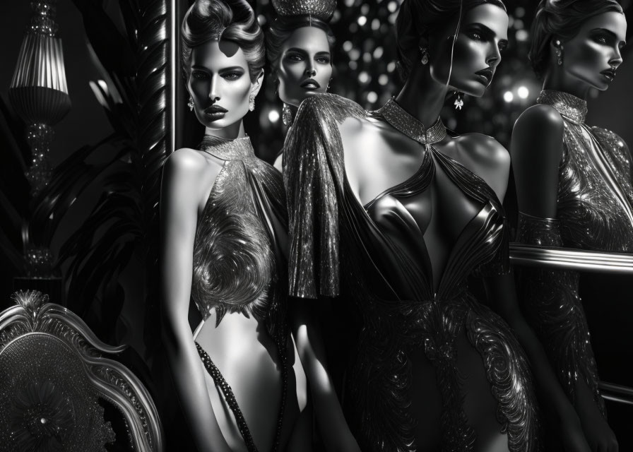 Elegant monochrome image of four women in luxurious dresses and jewelry
