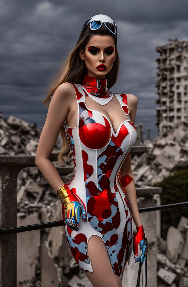 Futuristic woman in red and white bodysuit against urban rubble