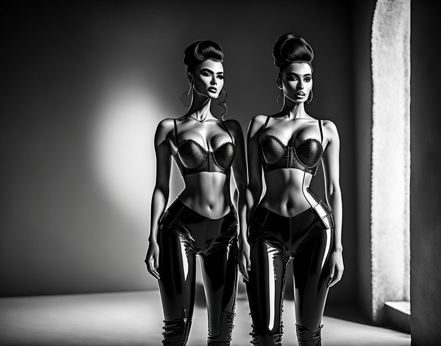 Two Women in Dramatic Black Outfits and Tall Hairstyles in Monochromatic Studio