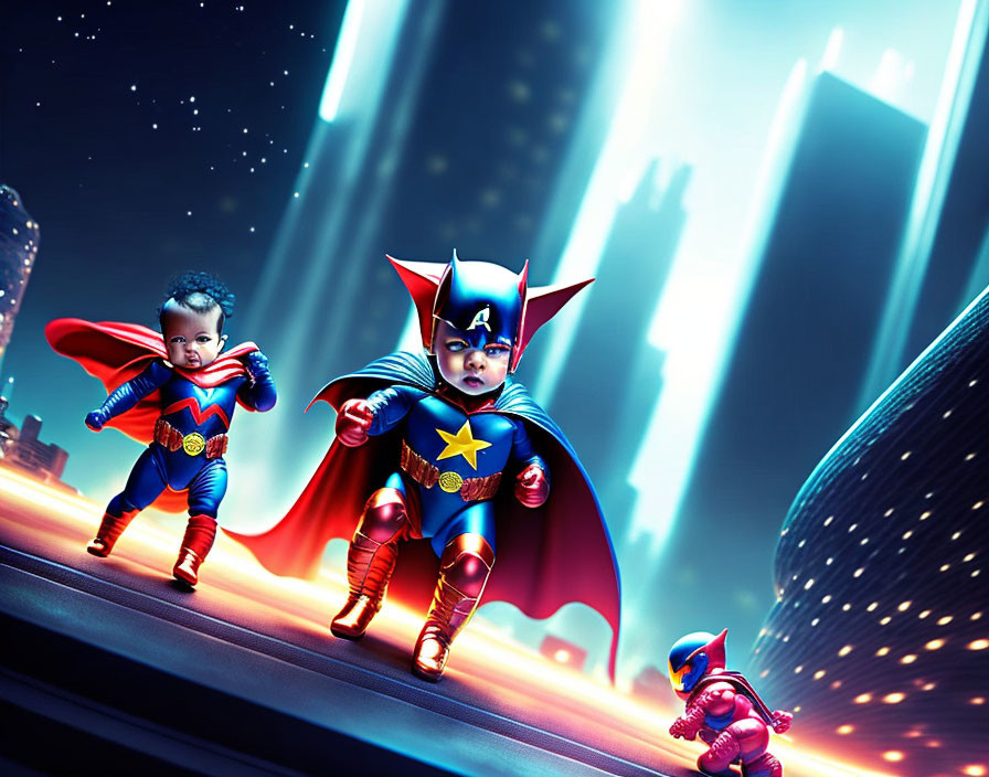 Three superhero babies in front of futuristic cityscape.