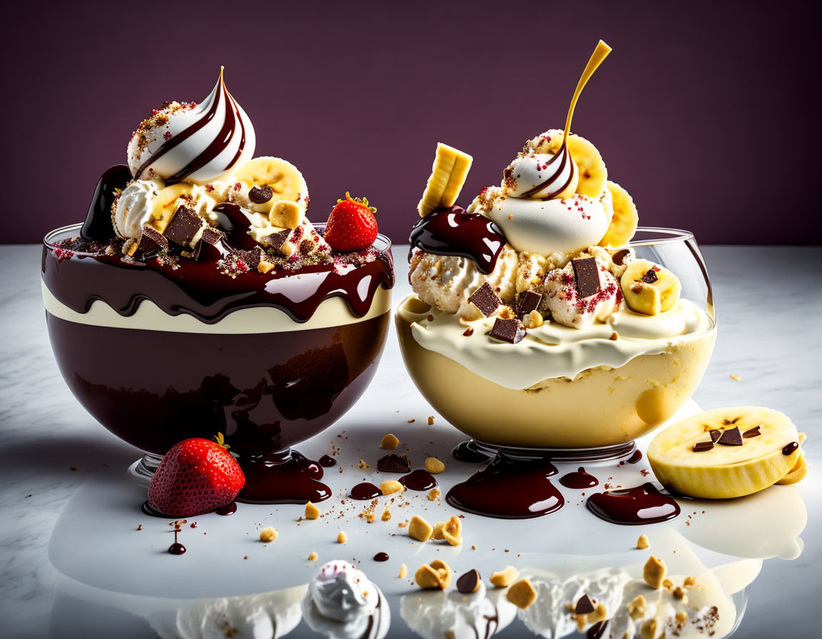 Banana Split Dessert with Whipped Cream, Chocolate Sauce, Cherries, Strawberries, and