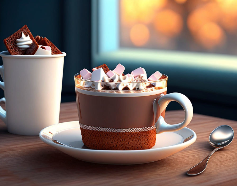 Warm Hot Chocolate with Marshmallows and Cream by a Window