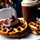 Person pouring chocolate syrup on waffles with strawberries and hot chocolate with whipped cream.