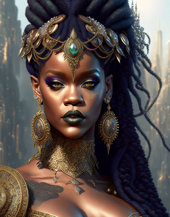 Elaborately braided regal woman with gold jewelry and green gemstone against futuristic cityscape