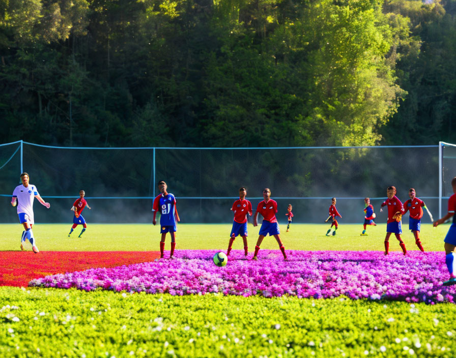 Soccer players playing soccer in a flower meadow