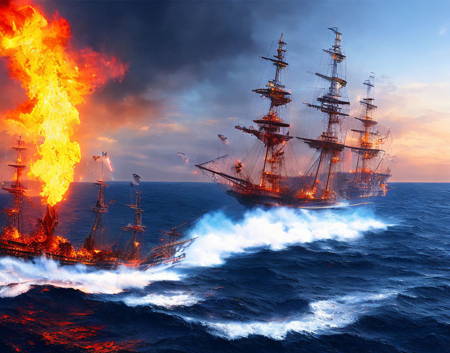 Pirate ship in the sea attacked by flying fire bre
