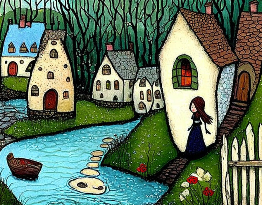 Vibrant Storybook Village Illustration with Whimsical Houses
