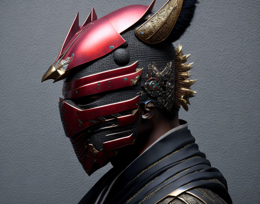 Detailed Red and Black Samurai Helmet with Feather Crest
