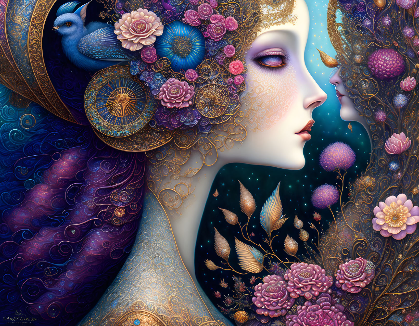 Digital artwork of two stylized female faces with floral and cosmic motifs, blue bird, and golden fil