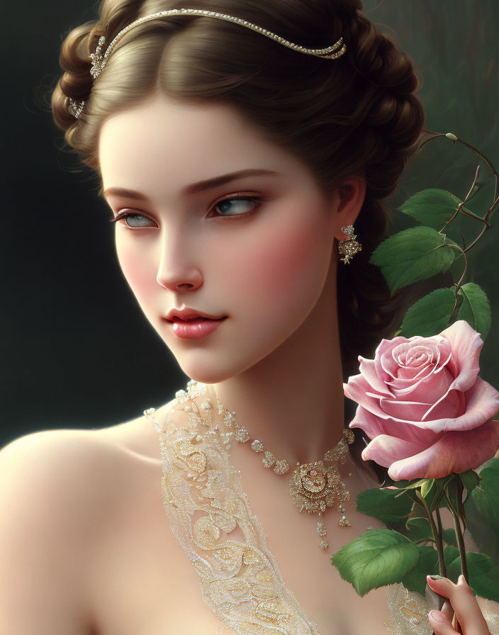 Digital artwork: Woman with braided hair holding a rose