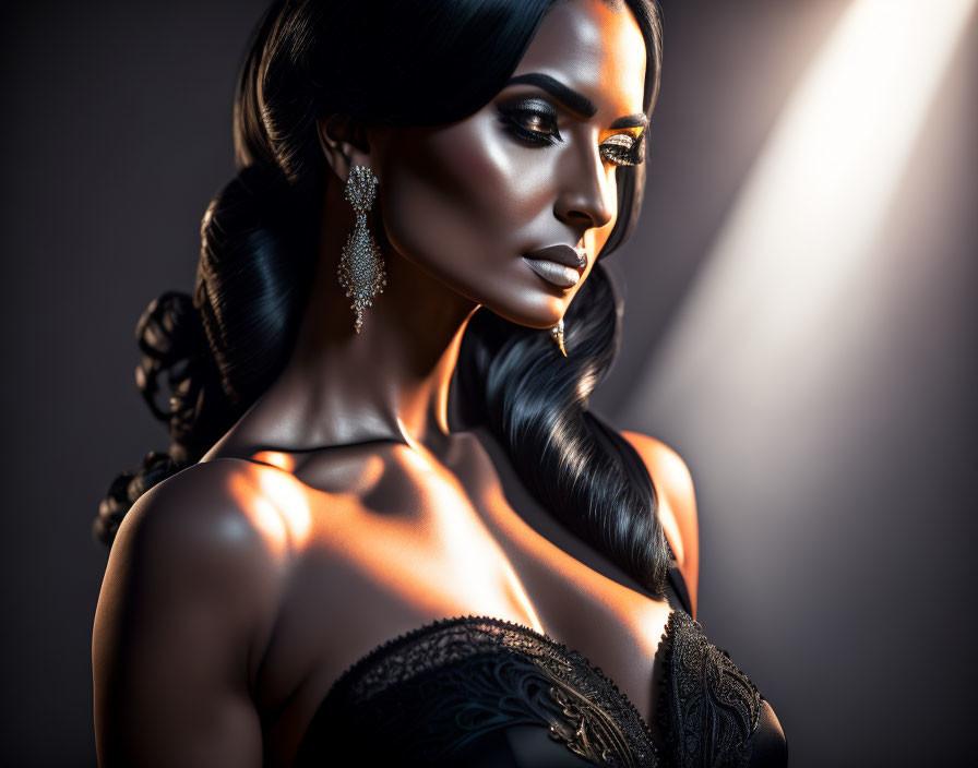 Stylish woman with sleek hairstyle and dramatic makeup in dark dress under striking light beam