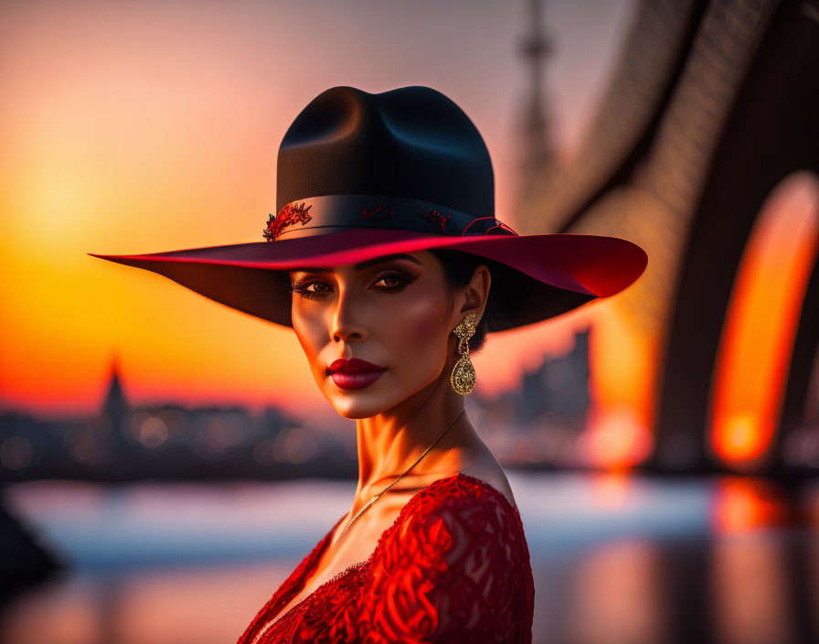 Woman in red dress and wide-brimmed hat poses at sunset with bridge silhouette.