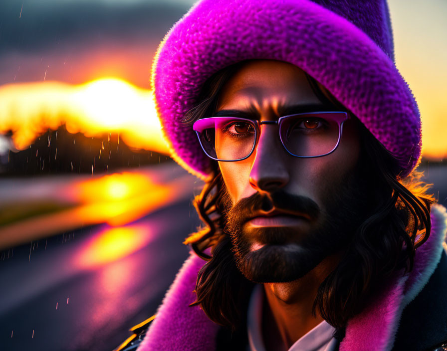 Bearded man in glasses and purple hat gazes at sunset with raindrops