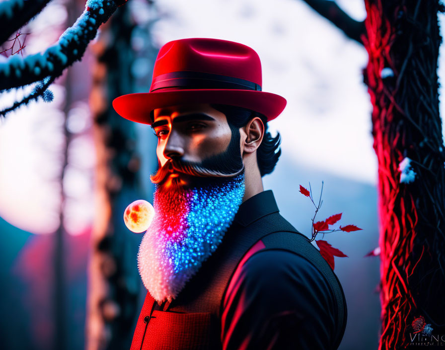Colorful Glitter Beard Man with Red Hat and Glowing Orb in Autumn Scene
