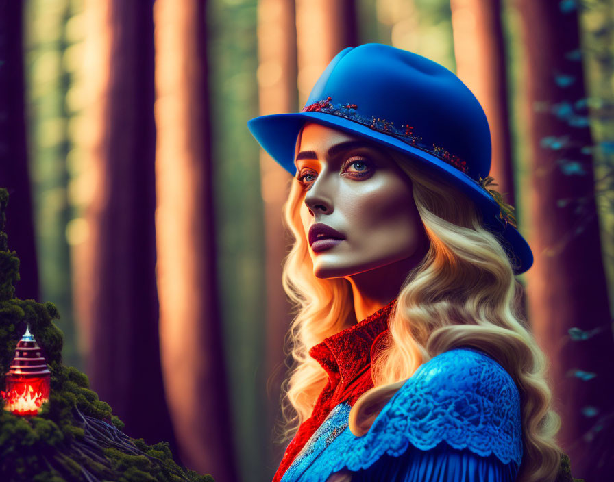Blonde Woman in Blue Hat with Red Lantern in Forest