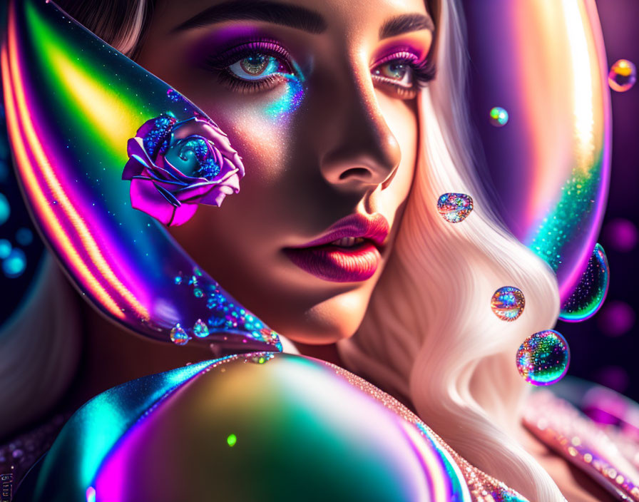 Colorful portrait of a woman with glowing makeup and neon-lit flower against luminescent backdrop