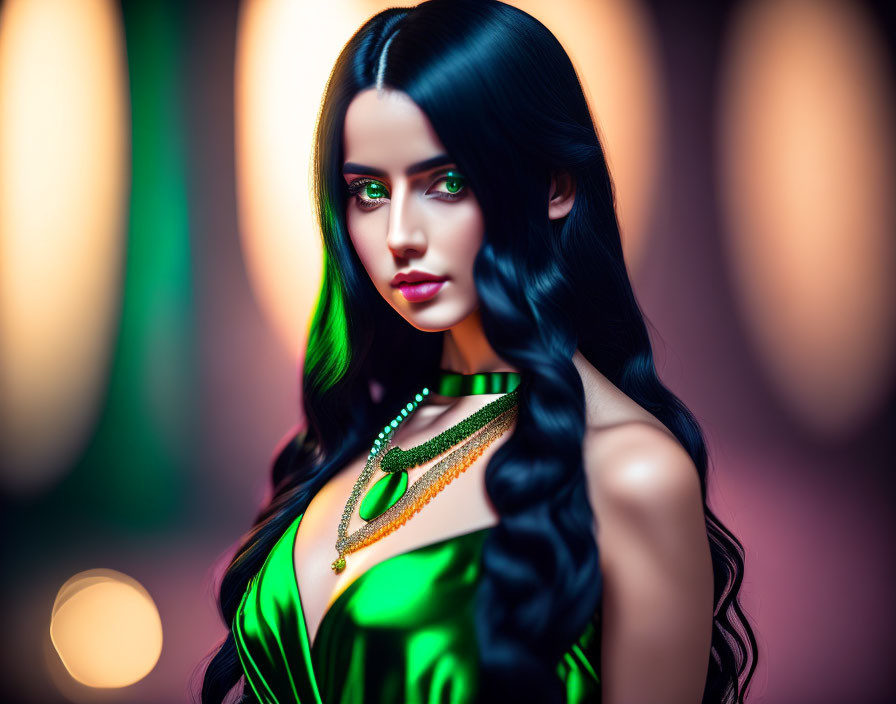 Woman with Long Black Hair and Green Eyes in Green Dress with Golden Necklace on Colorful Background