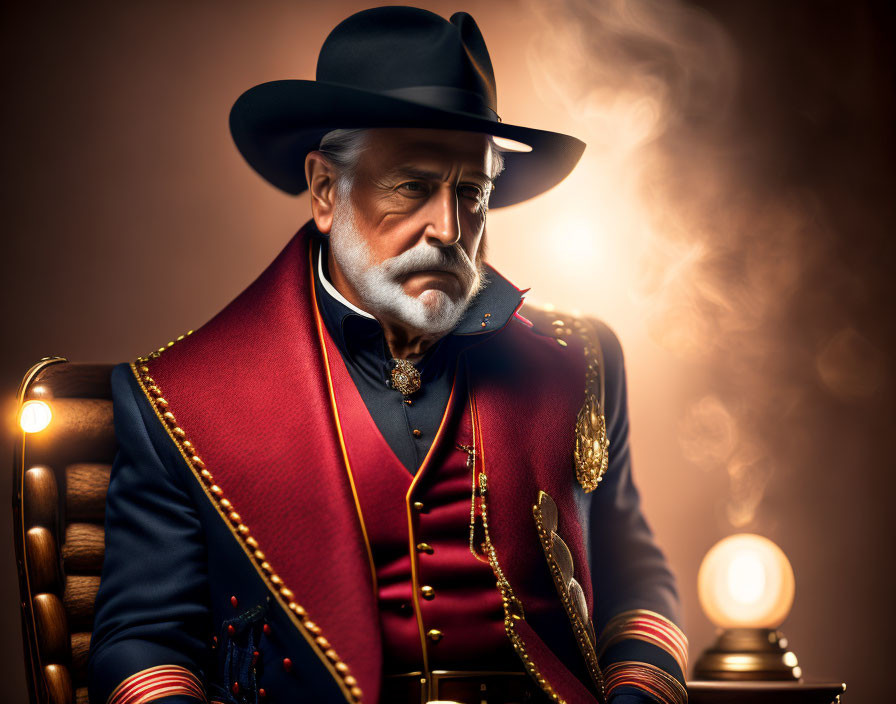 Regal Western man in pensive pose with ambient lighting and smoke