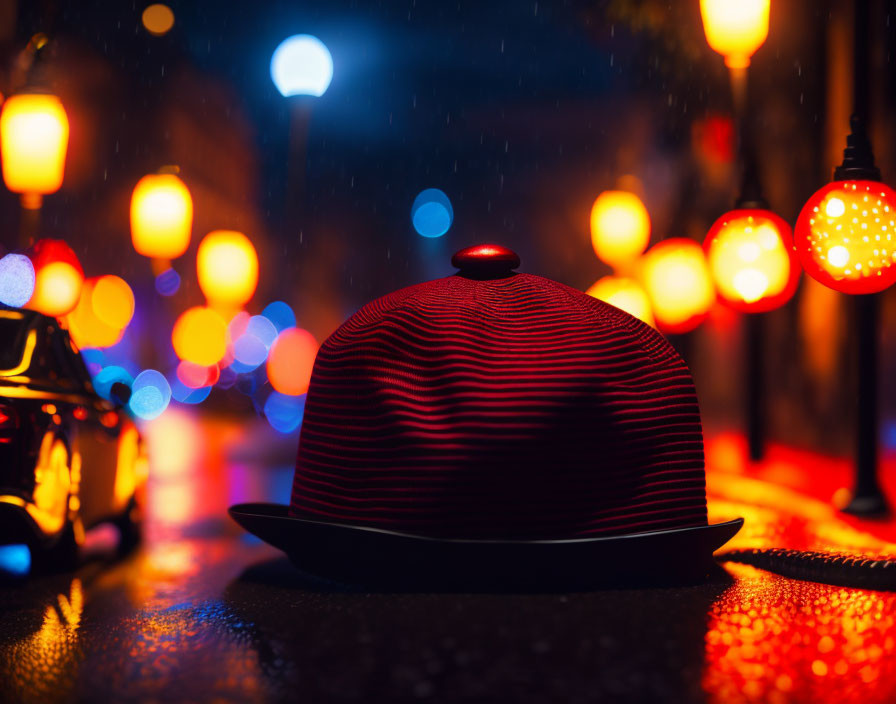Red-striped hat on wet city street at night with blurred lights and car