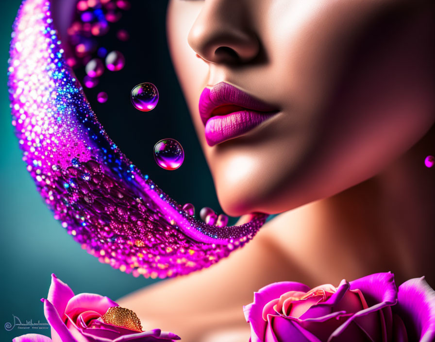 Close-up image of woman with vibrant pink lipstick and floating bubbles next to magenta swirl and roses.