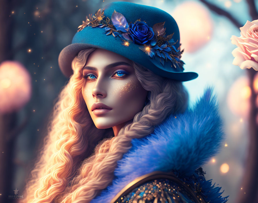 Digital Artwork: Woman with Golden Curls, Sparkles, Blue Feathered Hat, Soft Focus