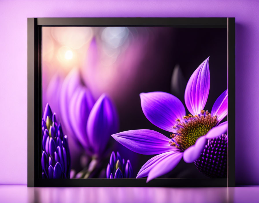 Framed image featuring vibrant purple flowers in warm light