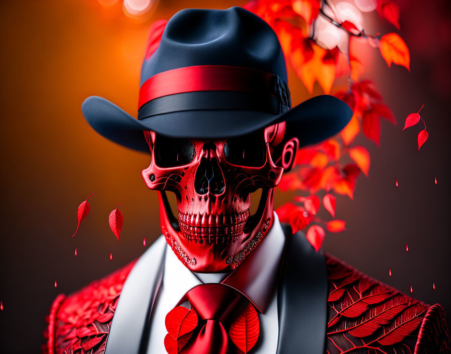 Skull in Fedora and Suit on Red and Orange Background with Falling Leaves
