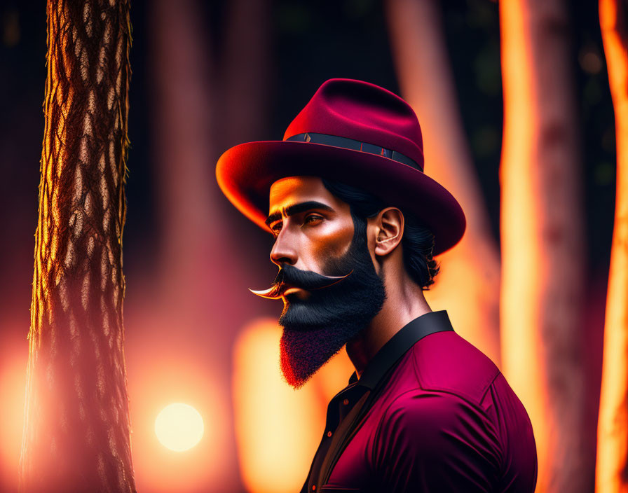 Profile of man with stylized mustache in red hat and shirt against sunset background.