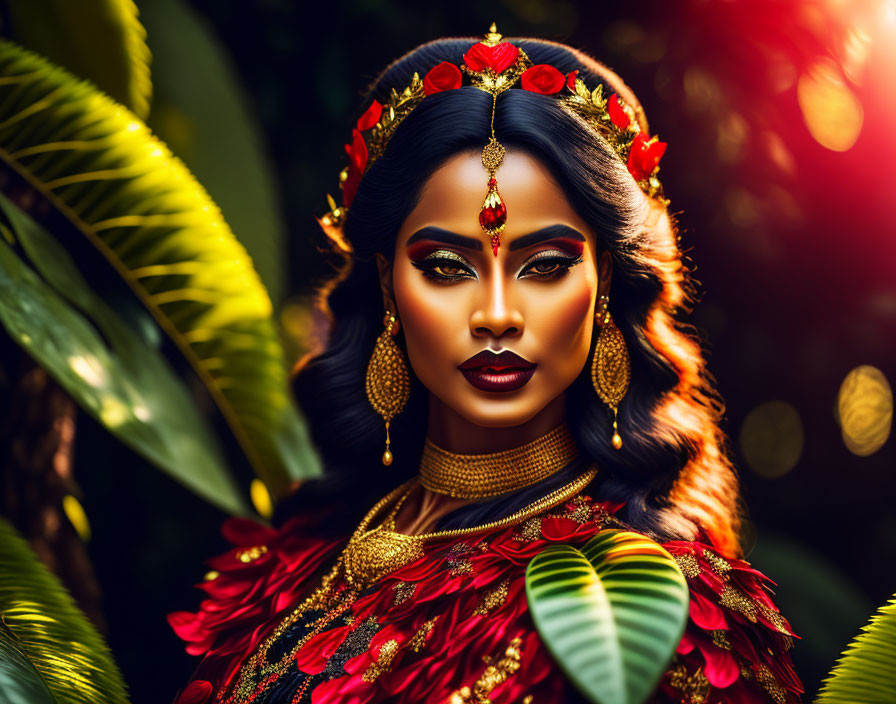 Regal woman with red and gold headdress in tropical setting