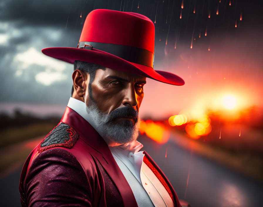 Bearded man in red suit and hat under dramatic sunset and rain