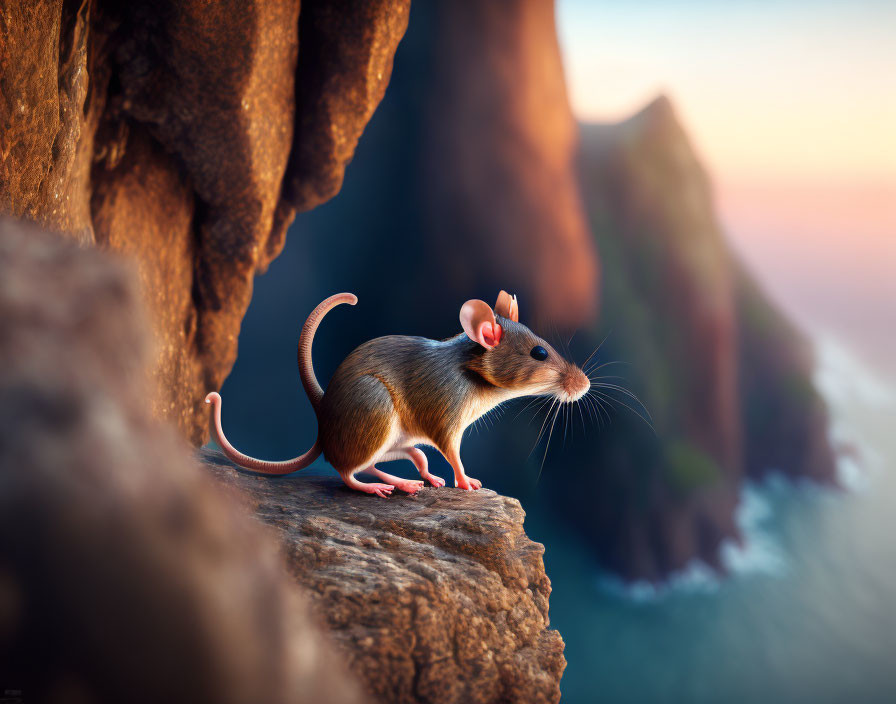Mouse perched on rocky cliff overlooking coastal sunset landscape