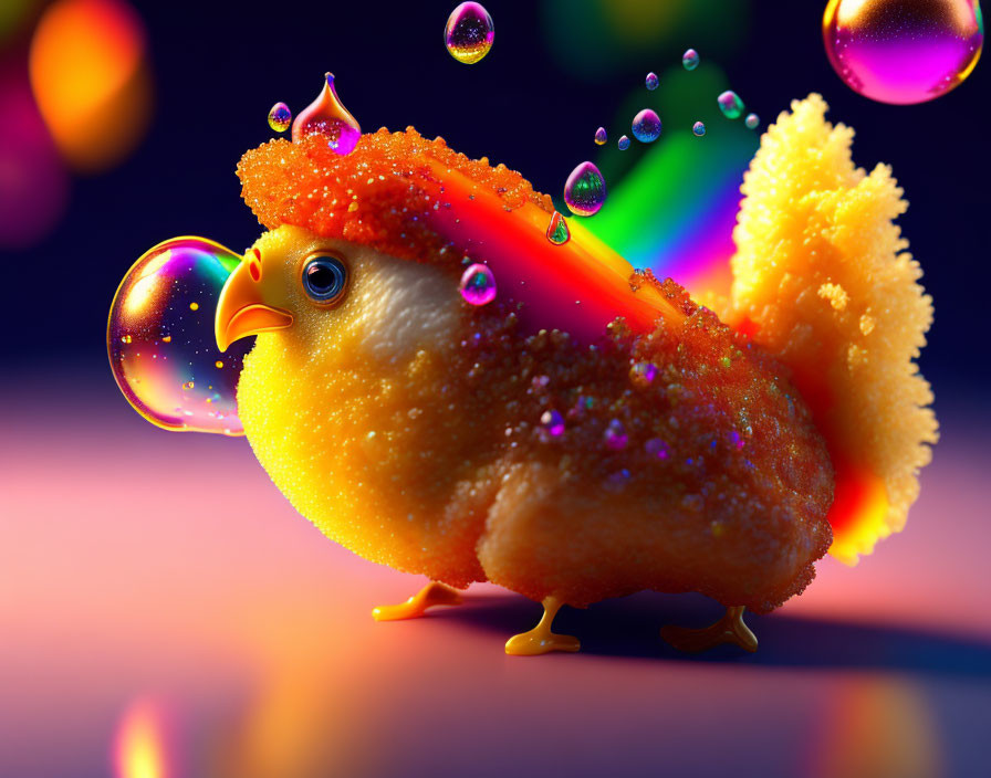 Colorful digital artwork featuring whimsical baby chick and vibrant bubbles on dark background