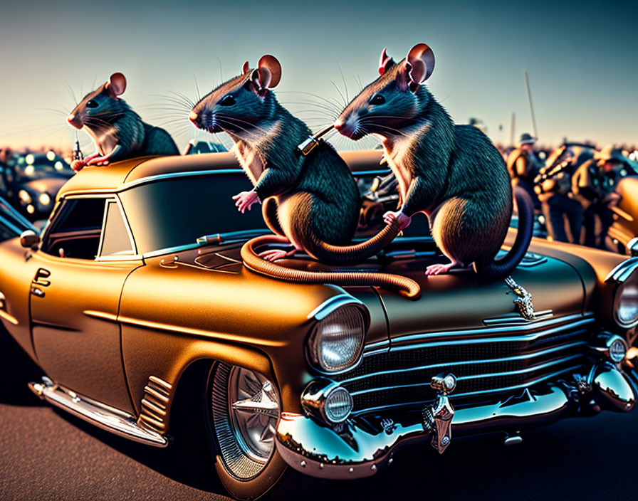 Animated rats on classic car hood at sunset with vibrant colors