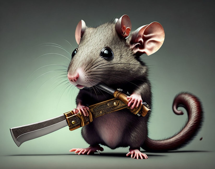 Anthropomorphic mouse with ornate sword on gray background